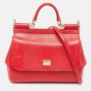 Pre Owned Dolce & Gabbana Red Lizard Embossed Leather Medium Miss Sicily Top Handle Bag