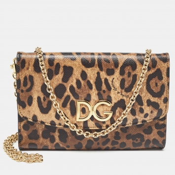 Pre Owned Dolce & Gabbana Brown Leopard Print Coated Canvas and Leather DG Flap Chain Clutch