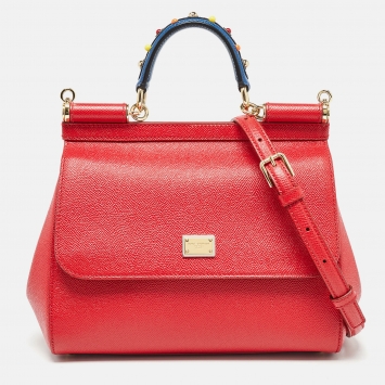 Pre Owned Dolce & Gabbana Red Leather Medium Miss Sicily Top Handle Bag