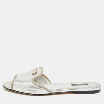 Pre Owned Dolce & Gabbana Silver Embossed Lizard Flat Slides Size 39