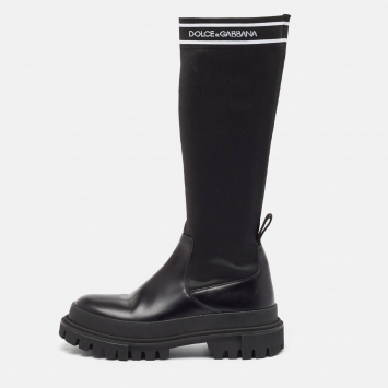 Pre Owned Dolce & Gabbana Stretch Fabric and Leather Knee Length Boots Size 40