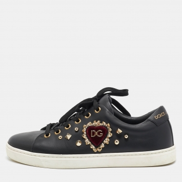 Pre Owned Dolce & Gabbana Black Leather Heart Low Top Sneakers Size 37