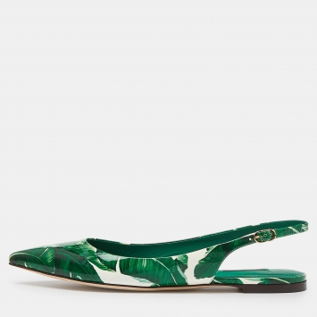 مملوكة مسبقًا Dolce & Gabbana Green/White Banana Leaf-Print Patent Leather Slingback Flats Size 40.5