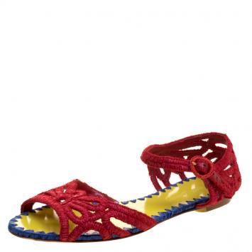 Pre Owned Dolce and Gabbana Red Raffia Ankle Strap Flat Sandals Size 38