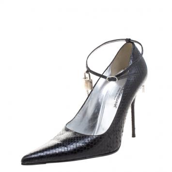 Pre Owned Dolce and Gabbana Black Python Lock an Key Ankle Strap Pointed Toe Pumps Size 40