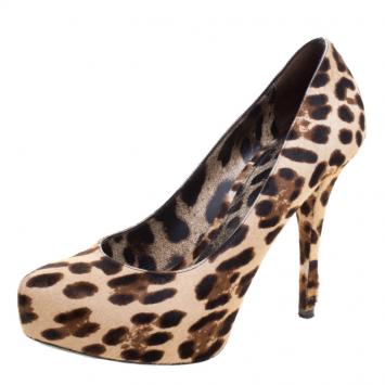 Pre Owned Dolce and Gabbana Brown Leopard Print Calf Hair Platform Pumps Size 41