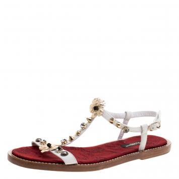 Pre Owned Dolce and Gabbana White Leather Embellished Flats Size 36
