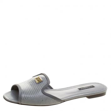 Pre Owned Dolce and Gabbana Grey Lizard Leather Flat Slides Size 38.5