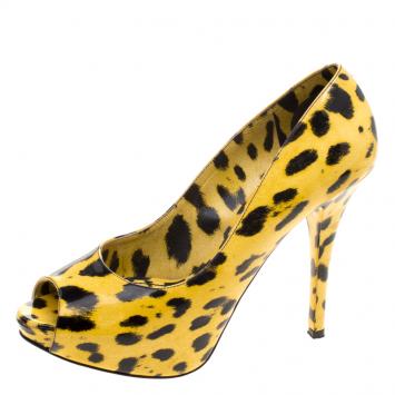 Pre Owned Dolce and Gabbana Yellow Leopard Print Patent Leather Peep Toe Platform Pumps Size 39