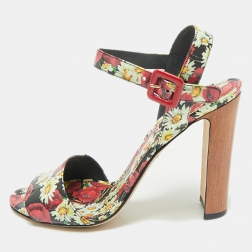 Dolce & Gabbana Multicolor Floral Print Patent Leather Ankle Strap Sandals Size 40