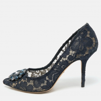 Dolce & Gabbana Navy Blue Lace and Mesh Bellucci Pumps Size 40 