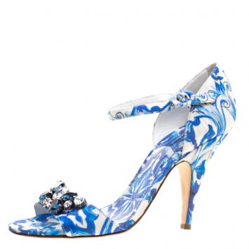 Pre Owned Dolce and Gabbana Blue Crystal Embellished Majolica Printed Fabric Ankle Strap Sandals Size 40.5