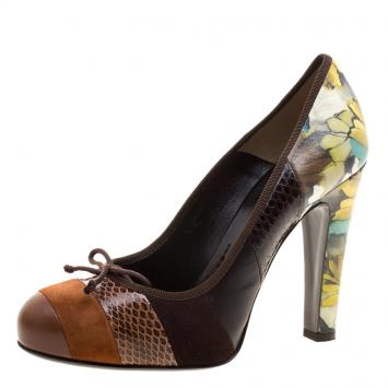 Pre Owned Dolce and Gabbana Multicolor Leather and Suede Patchwork Bow Pumps Size 37