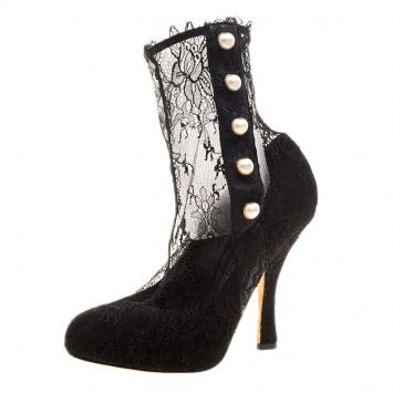 Pre Owned Dolce and Gabbana Black Faux Pearl Embellished Lace Socks Boots Size 38.5