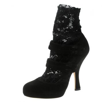 Pre Owned Dolce & Gabbana Black Suede Ankle Length Lace Mary Jane Pumps Size 36.5