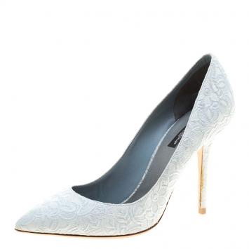 Pre Owned Dolce and Gabbana Cambridge Blue Jacquard Fabric Pointed Toe Pumps Size 38.5