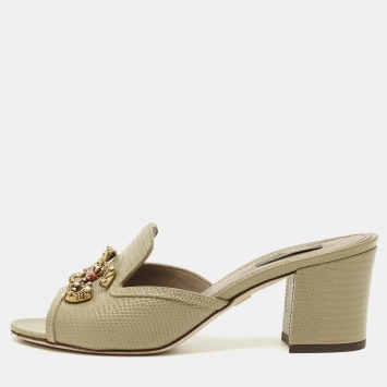 Pre Owned حذاء مولز براداكعب عريض جلد نقش سحلية ميتالك رمادي مقاس 37.5