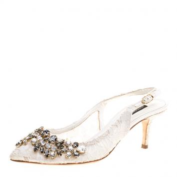 Pre Owned Dolce and Gabbana White Crystal Embellished Lace Pointed Toe Slingback Sandals Size 37