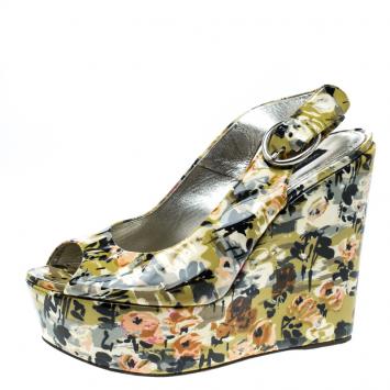 Pre Owned Dolce and Gabbana Multicolor Floral Printed Patent Leather Peep Toe Wedge Slingback Sandals Size 40