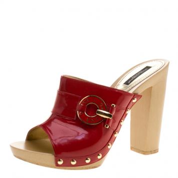 Pre Owned Dolce and Gabbana Red Patent Leather Wooden Mules Size 38
