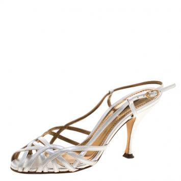 Pre Owned Dolce and Gabbana Metallic Silver Leather Strappy Sandals Size 36