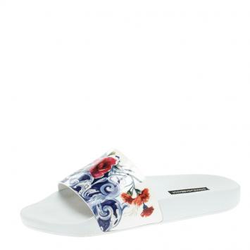 Pre Owned Dolce and Gabbana White Majolica Printed Leather Flat Slides Size 38