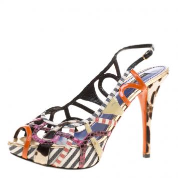 Pre Owned Dolce and Gabbana Multicolor Python Leather and Canvas Strappy Platform Sandals Size 40