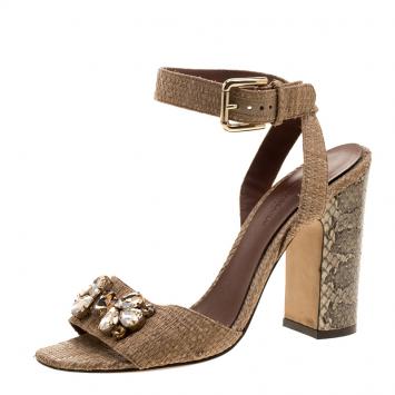 Pre Owned Dolce and Gabbana Light Brown/Beige Raffia and Snakeskin Jeweled Sandals Size 38.5