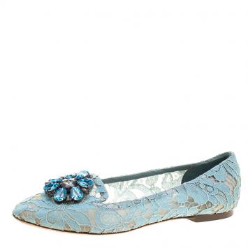 Pre Owned Dolce and Gabbana Light Blue Lace Crystal Taormina Ballet Flats Size 39