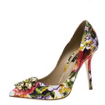 Pre Owned Dolce and Gabbana Multicolor Floral Print Fabric Crystal Embellished Pumps Size 37.5