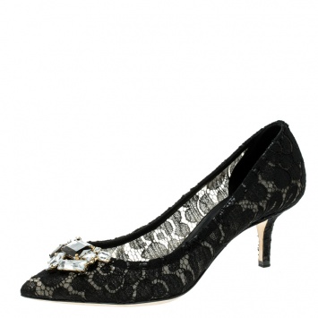 Pre Owned Dolce & Gabbana Black Lace Crystal Embellished Pointed Toe Pumps Size 36