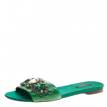 Pre Owned Dolce and Gabbana Green Croc Leather Crystal Embellished Flat Slides Size 38