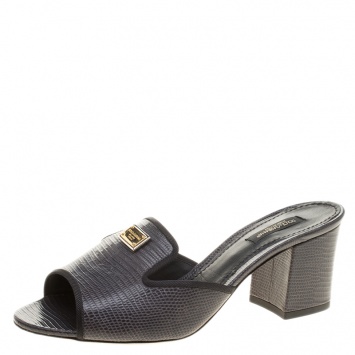 Pre Owned Dolce and Gabbana Charcoal Grey Lizard Leather Peep Toe Mules Size 38