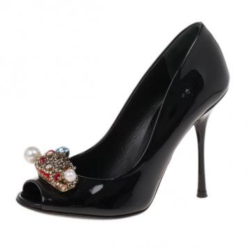 Pre Owned Dolce and Gabbana Black Patent Crystal Embellished Peep Toe Pumps Size 37