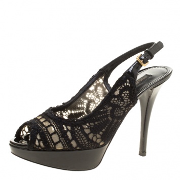 Pre Owned Dolce and Gabbana Black Lace Peep Toe Platform Slingback Sandals Size 38