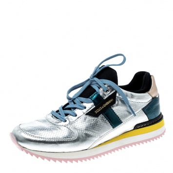 Pre Owned Dolce and Gabbana Metallic Silver Leather Sneakers Size 36