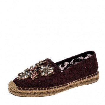 Pre Owned Dolce and Gabbana Burgundy Lace Crystal Embellished Espadrilles Size 36