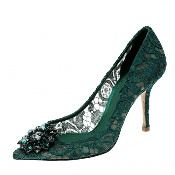 Pre Owned Dolce and Gabbana Green Lace Bellucci Crystal Embellished Pointed Toe Pumps Size 38