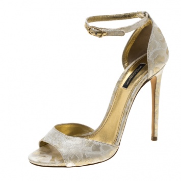 Pre Owned Dolce & Gabbana Gold Brocade Ankle Strap Sandals Size 38.5