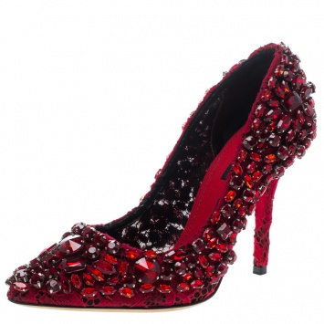 Pre Owned Dolce And Gabbana Red Lace Crystal Embellished Pointed Toe Pumps Size 36
