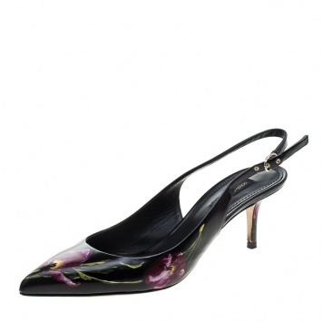 Pre Owned Dolce and Gabbana Black Tulip Printed Leather Slingback Pointed Toe Sandals Size 39