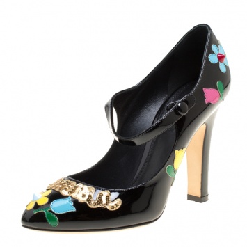 Pre Owned Dolce and Gabbana Black Patent Leather Flower and Sequin Embellished Mary Jane Pumps Size 38.5