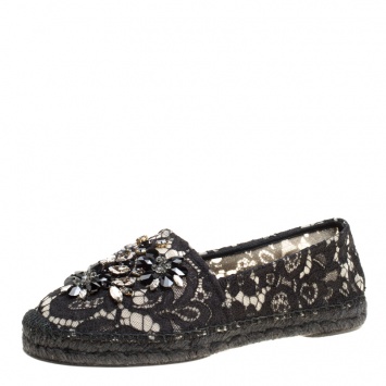 Pre Owned Dolce and Gabbana Black Lace Crystal Embellished Espadrilles Size 40