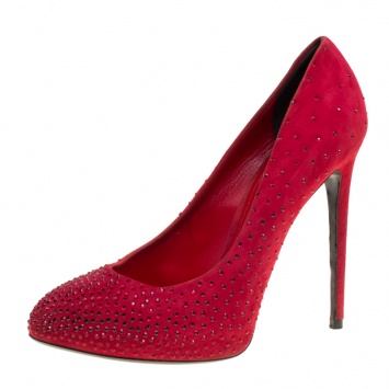 Pre Owned Dolce and Gabbana Red Suede Crystal Embellished Platform Pumps Size 39