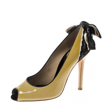 Pre Owned Dolce and Gabbana Beige Patent Leather Lace Bow Detail Peep Toe Pumps Size 36.5