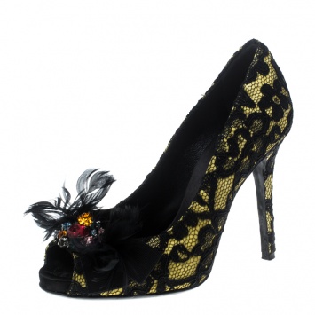 Pre Owned Dolce and Gabbana Yellow/Black Satin and Lace Crystal Embellished Peep Toe Pumps Size 36