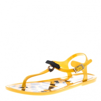 Pre Owned Dolce and Gabbana Yellow Jelly Bow Thong Flat Sandals Size 40