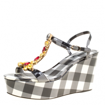 Pre Owned Dolce and Gabbana Monochrome Checkered Print Patent Leather Gingham Crystal Embellished T Strap Wedge Sandals Size 38.5   