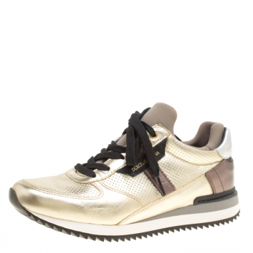 Pre Owned Dolce and Gabbana Gold/Black Peforated Leather Sneakers Size 37