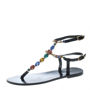 Pre Owned Dolce and Gabbana Multicolor Crystal Embellished Ankle Strap Flat Thong Sandals Size 39